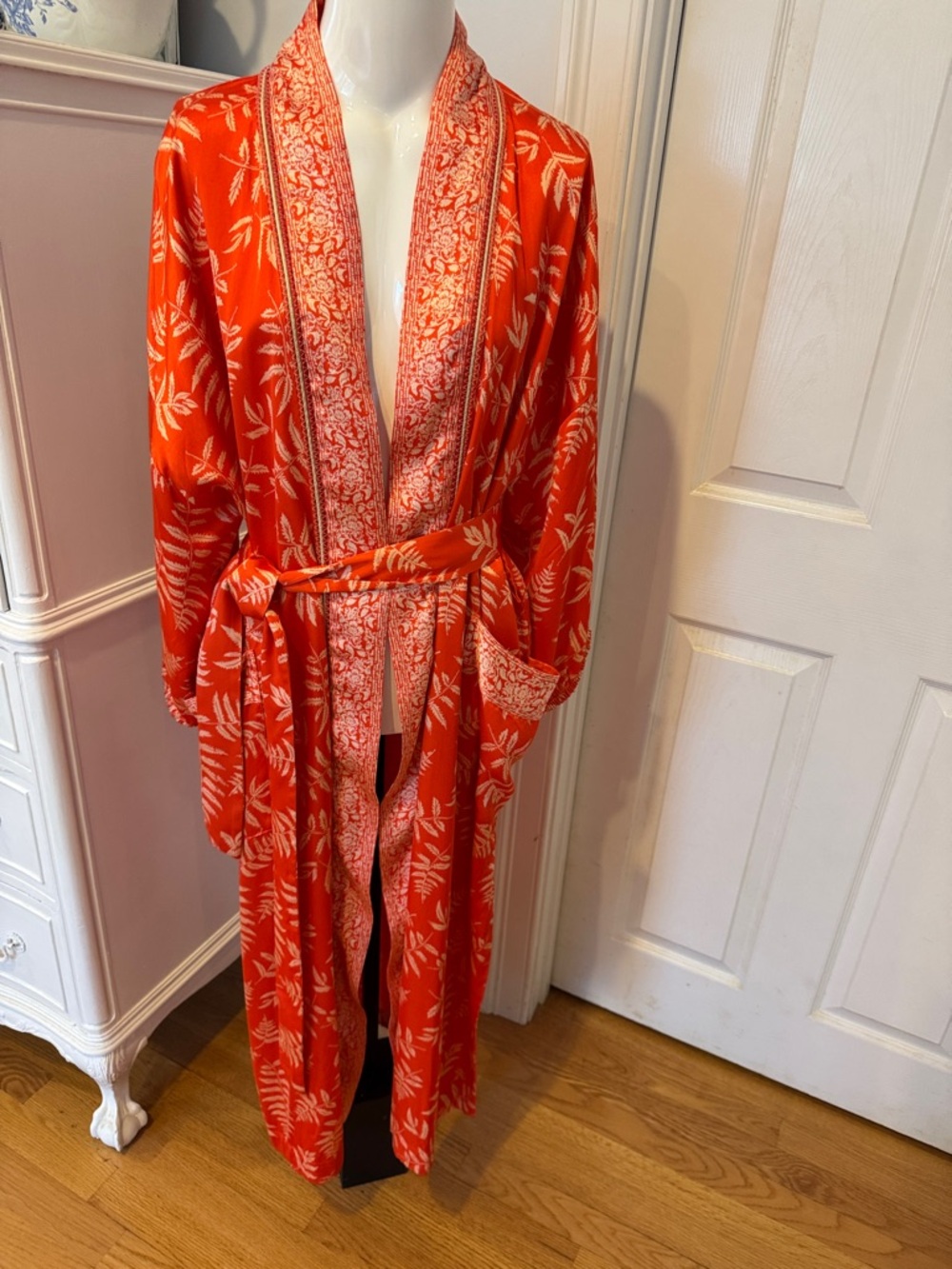 Zara Orange Printed Satin Long Robe with Cream Leaf Trim